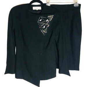 Claude Rap suit skirt blazer set black embellished beaded wool blend snap READ
